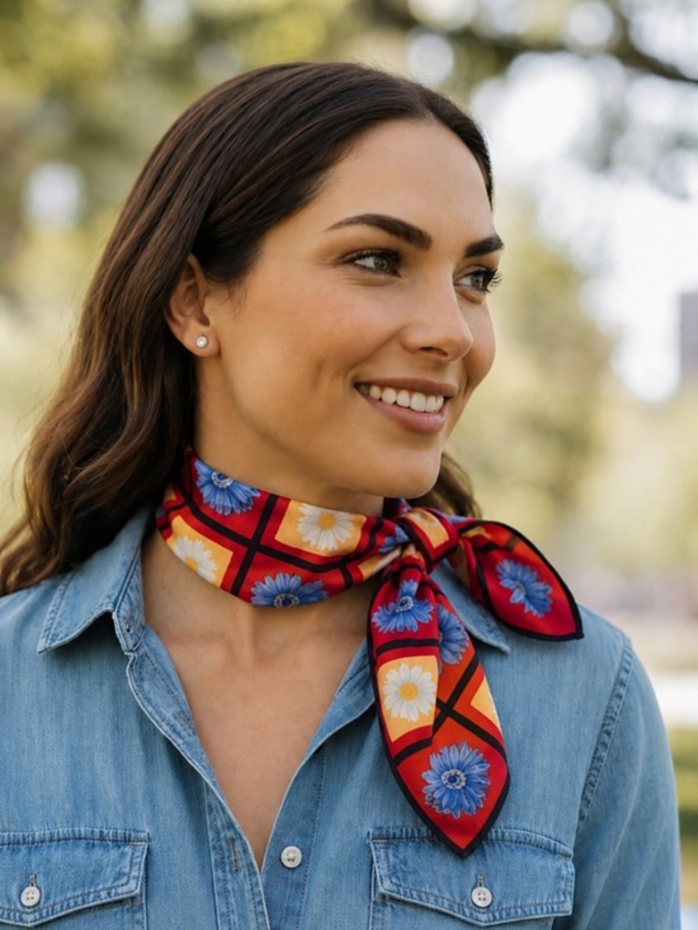 SILK Bright Floral Red Scarf with Blue & Yellow Blooms